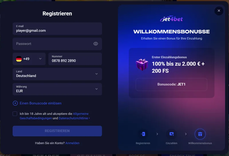 Jet4Bet Registrierung Bonus Code JET1