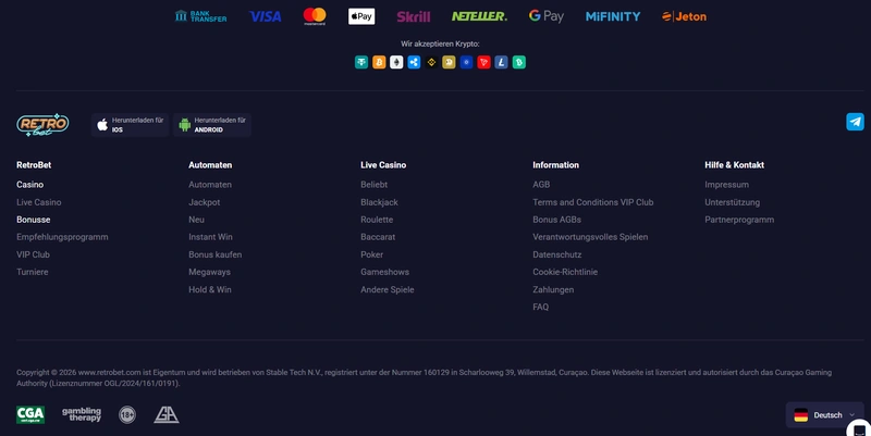 RetroBet Lizenz Curacao Zahlungsmethoden