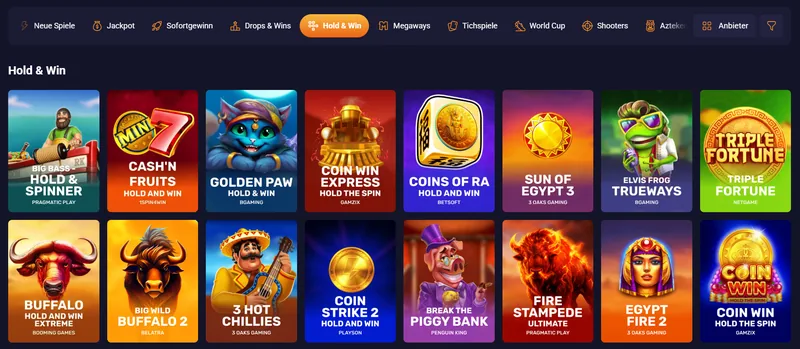 RetroBet Hold and Win Spielautomaten Auswahl