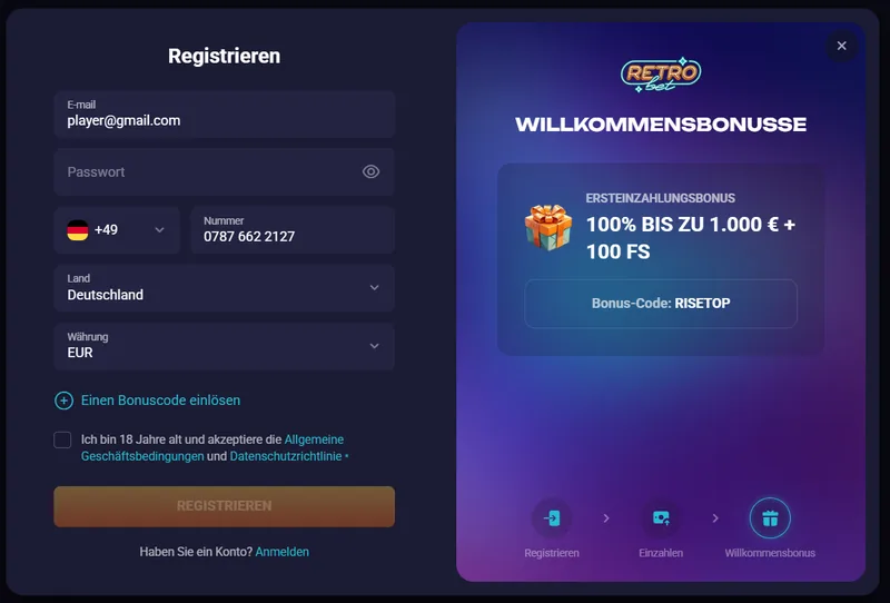 RetroBet Registrierung Bonus Code RISETOP