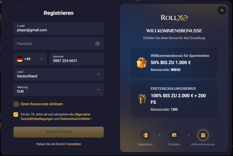 RollXO Registrierung Casino Sport Bonus