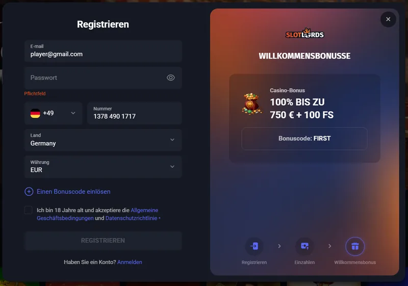 SlotLords Registrierung Konto Bonus FIRST