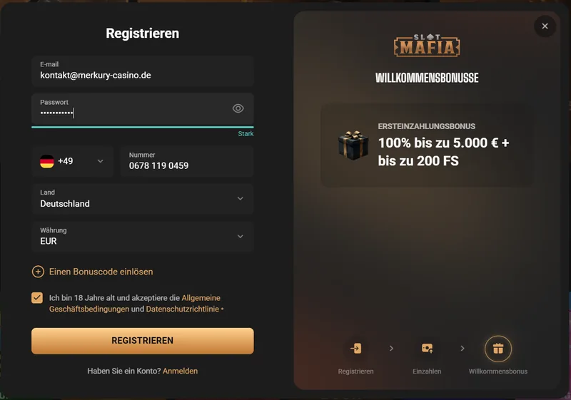 SlotMafia Registrierung Bonus 5000 Euro